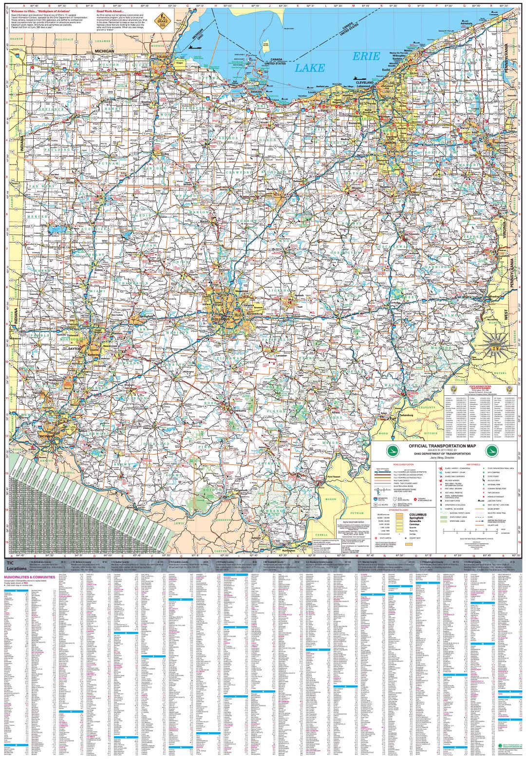 Large official transportation map of Ohio state