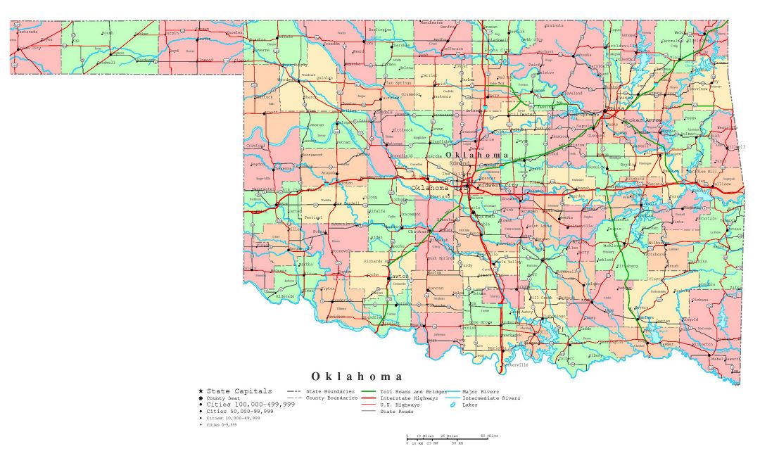 Large detailed administrative map of Oklahoma state with roads, highways and cities