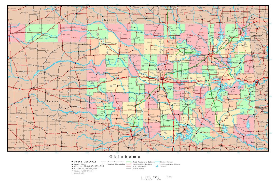 Large detailed administrative map of Oklahoma state with roads, highways and major cities
