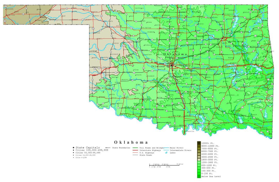 Large detailed elevation map of Oklahoma state with roads, highways and all cities