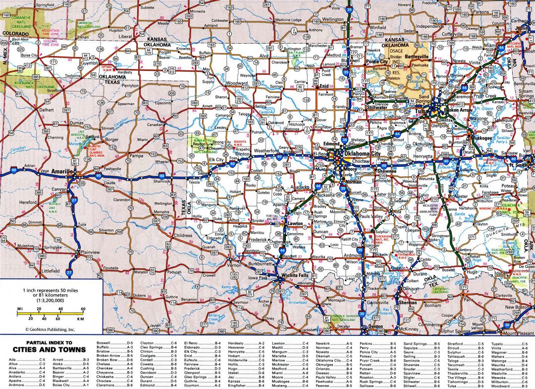 Large detailed roads and highways map of Oklahoma state with all cities and national parks