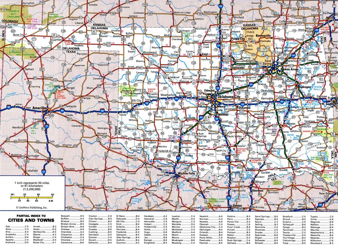 Large detailed roads and highways map of Oklahoma state with all cities and national parks