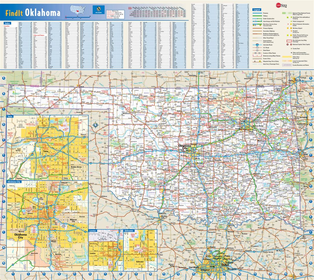 Large detailed roads and highways map of Oklahoma state with national parks, all cities, towns and villages