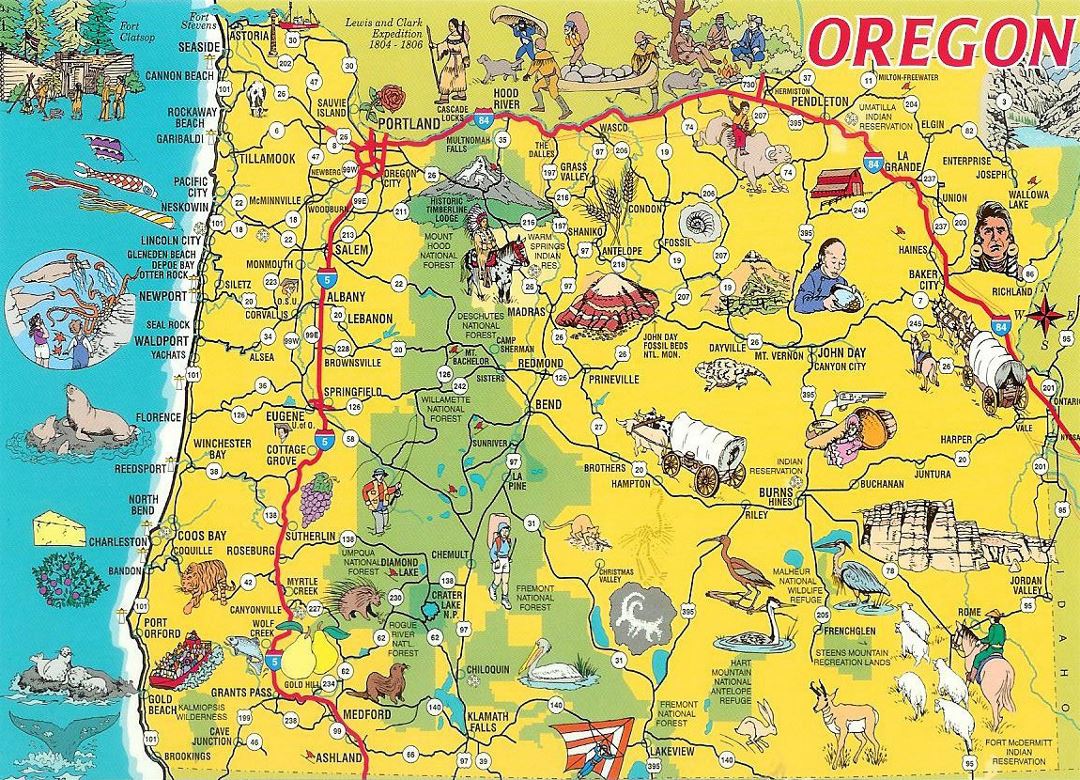 Detailed tourist illustrated map of Oregon state