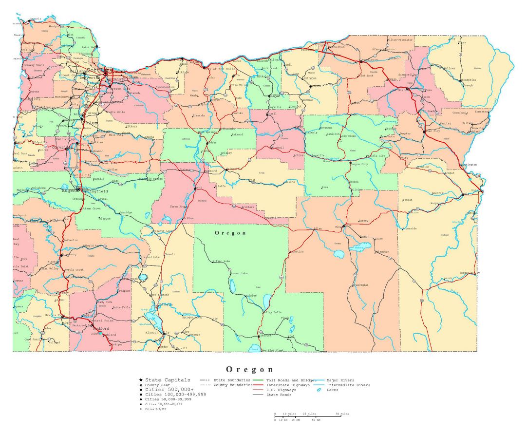 Large detailed administrative map of Oregon state with roads, highways and cities