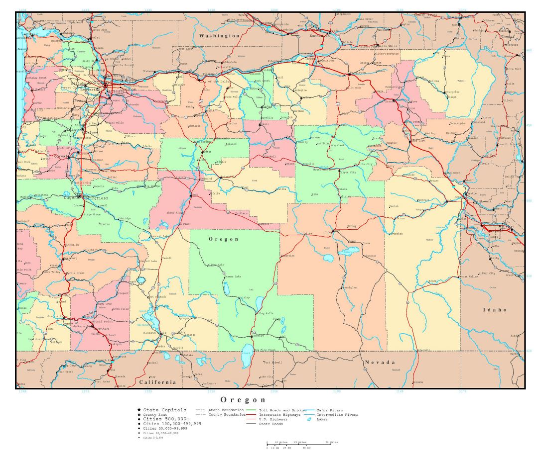 Large detailed administrative map of Oregon state with roads, highways and major cities