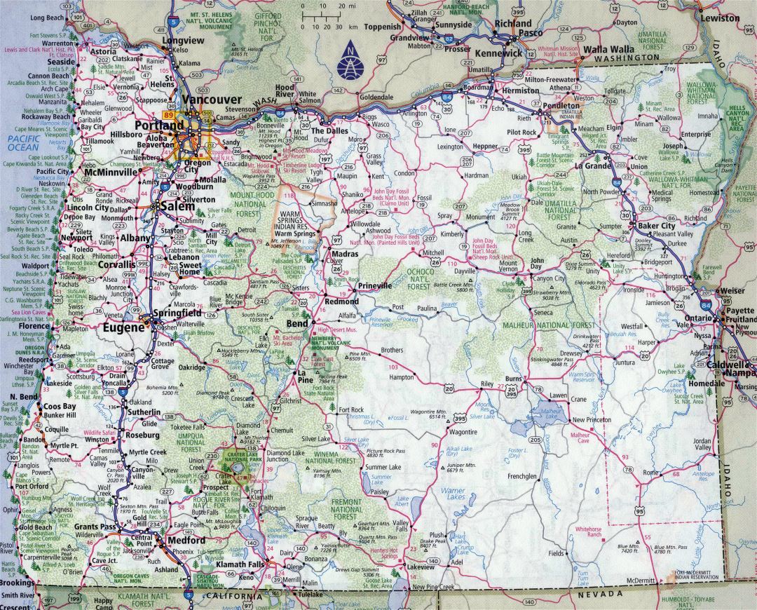 Large detailed roads and highways map of Oregon state with all cities