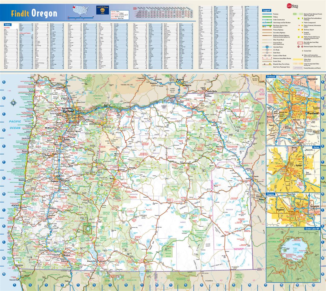 Large detailed roads and highways map of Oregon state with national parks, all cities, towns and villages