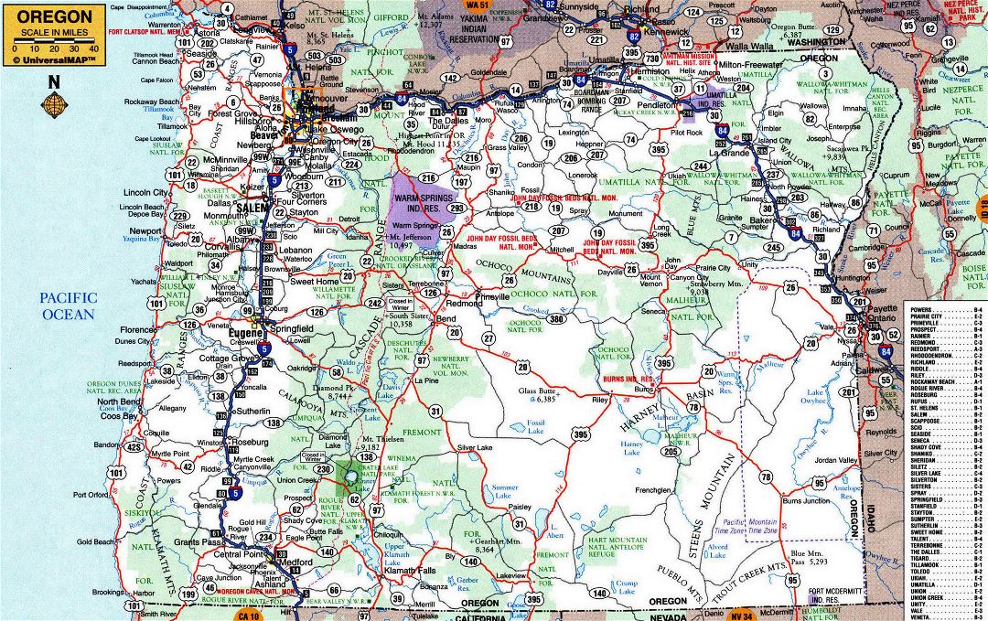 Large detailed roads and highways map of Oregon state with other marks