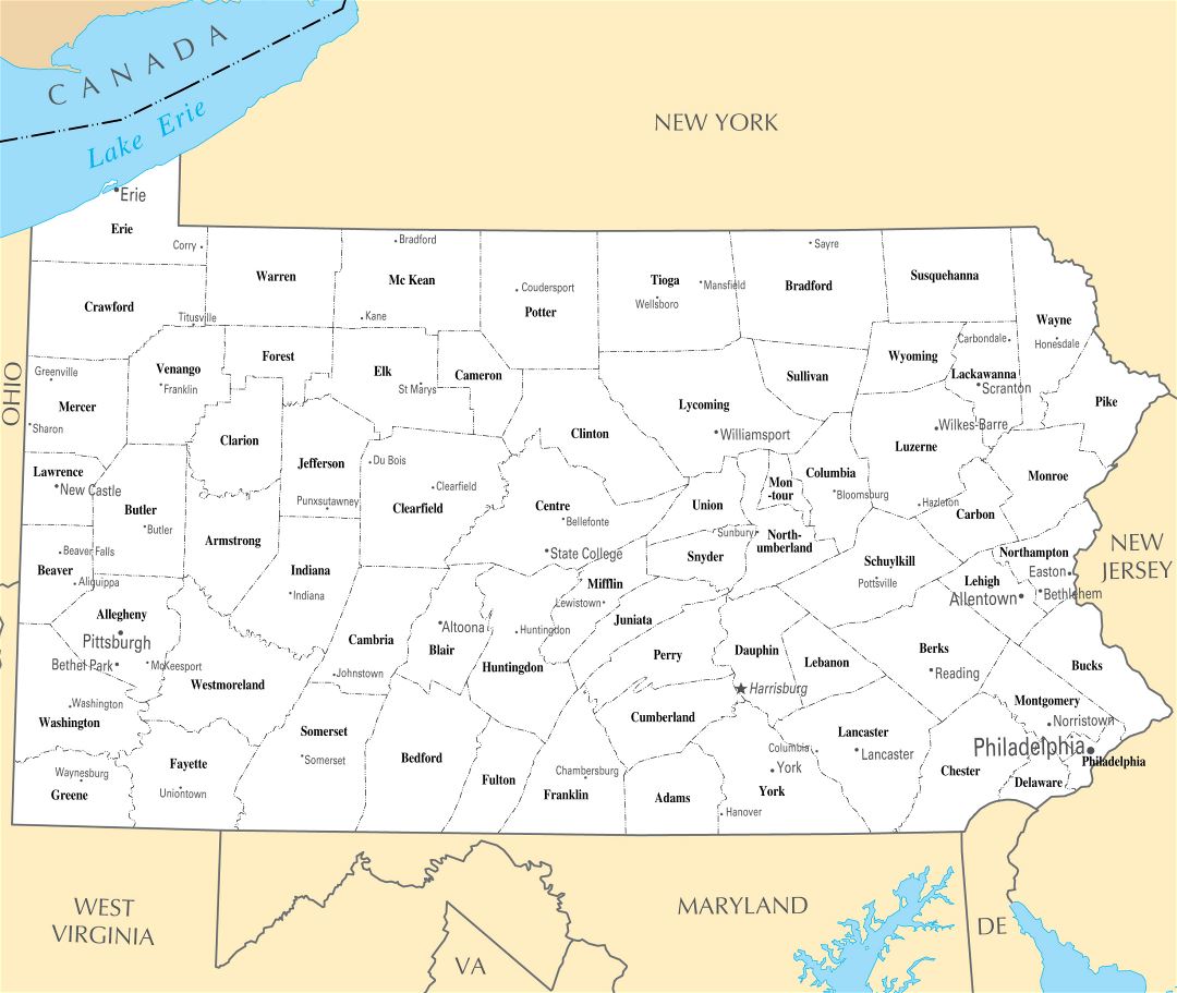 Large administrative map of Pennsylvania state with major cities