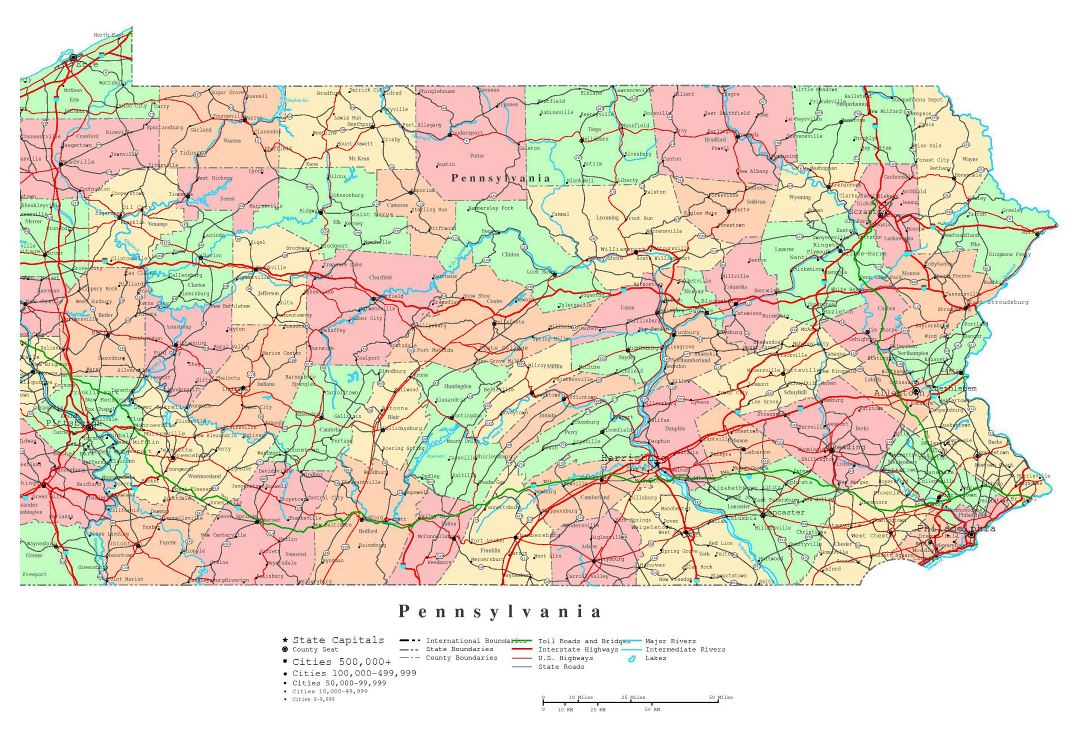 Large detailed administrative map of Pennsylvania state with roads, highways and cities