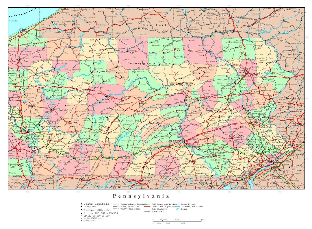Large detailed administrative map of Pennsylvania state with roads, highways and major cities