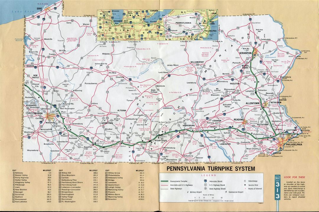 Large detailed map of Pennsylvania turnpike system - 1971