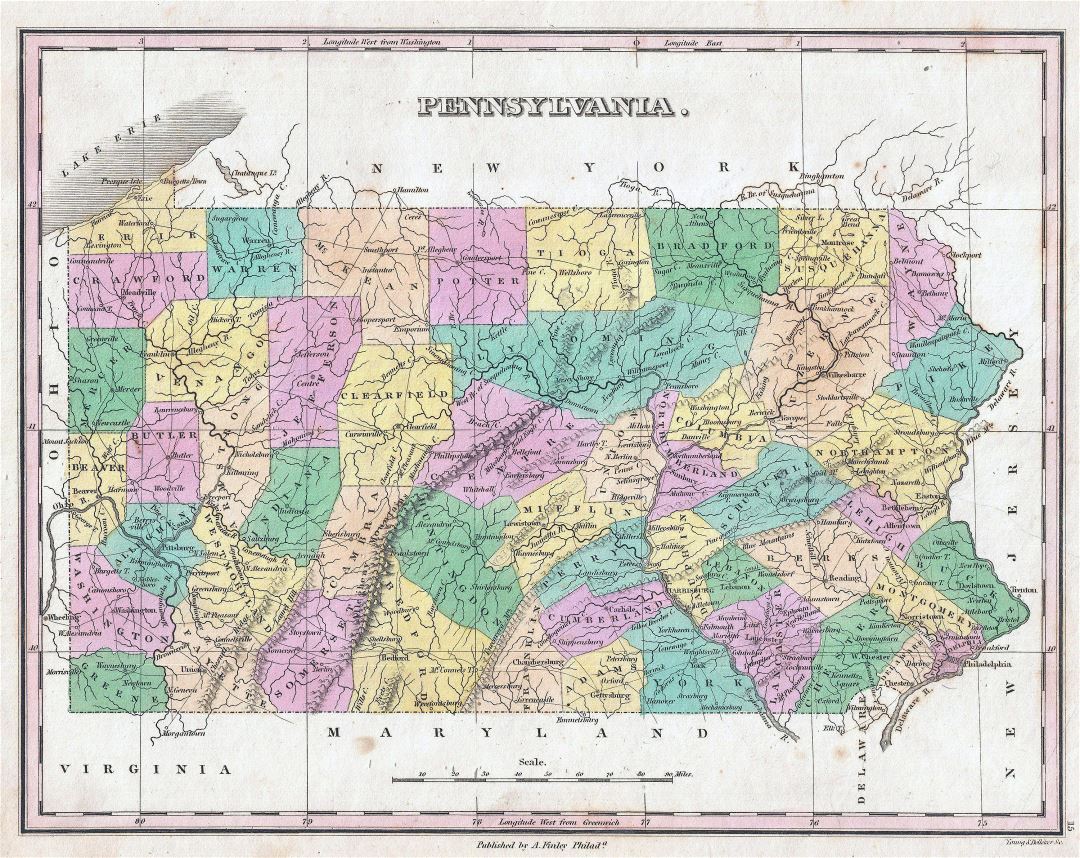 Large detailed old administrative map of Pennsylvania state with other marks - 1827