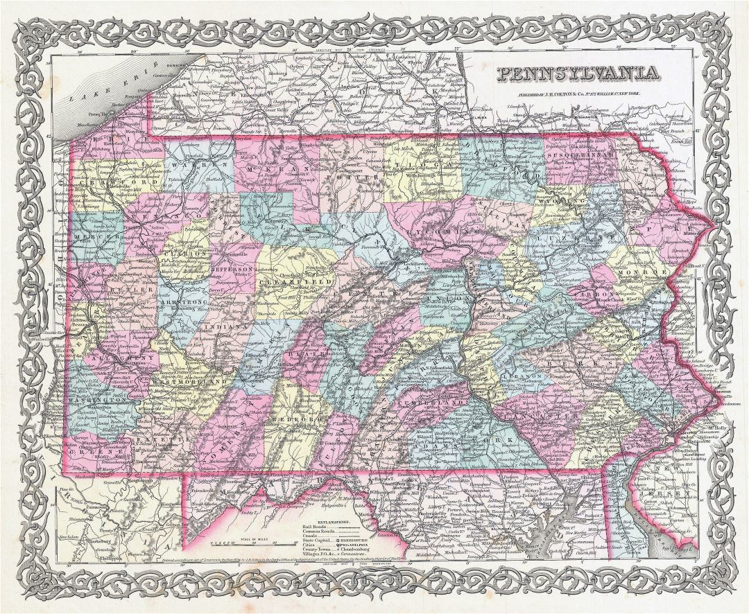 Large detailed old administrative map of Pennsylvania state with other marks - 1855