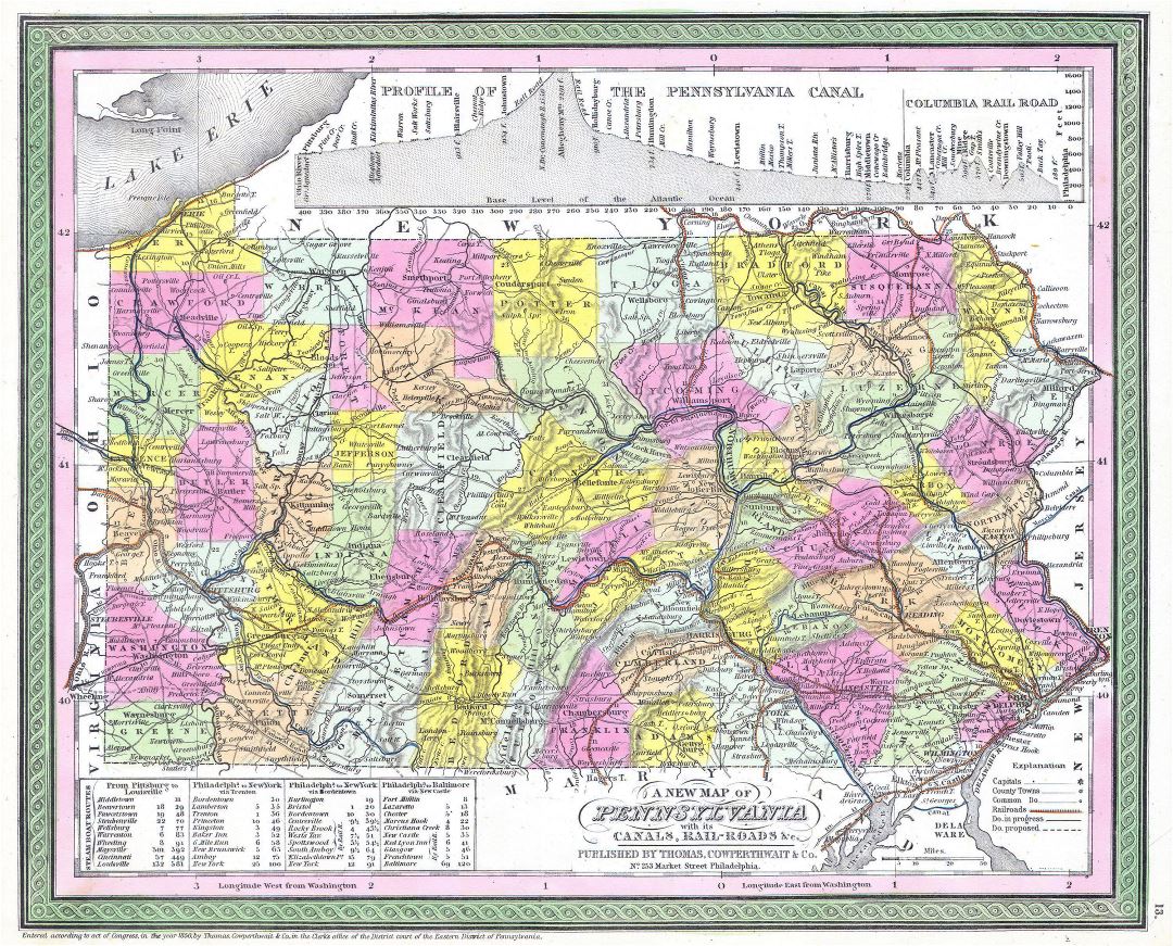 Large detailed old administrative map of Pennsylvania state with relief and other marks - 1850