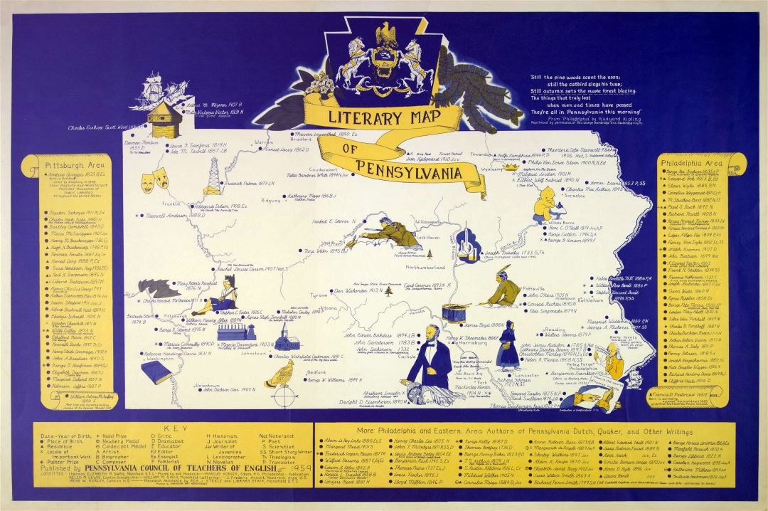 Large detailed old literary map of Pennsylvania state - 1959