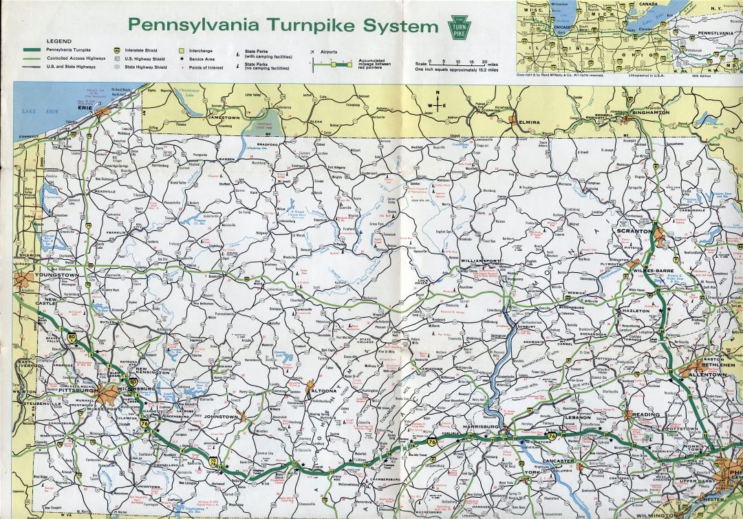 Large detailed Pennsylvania state turnpike system map - 1972