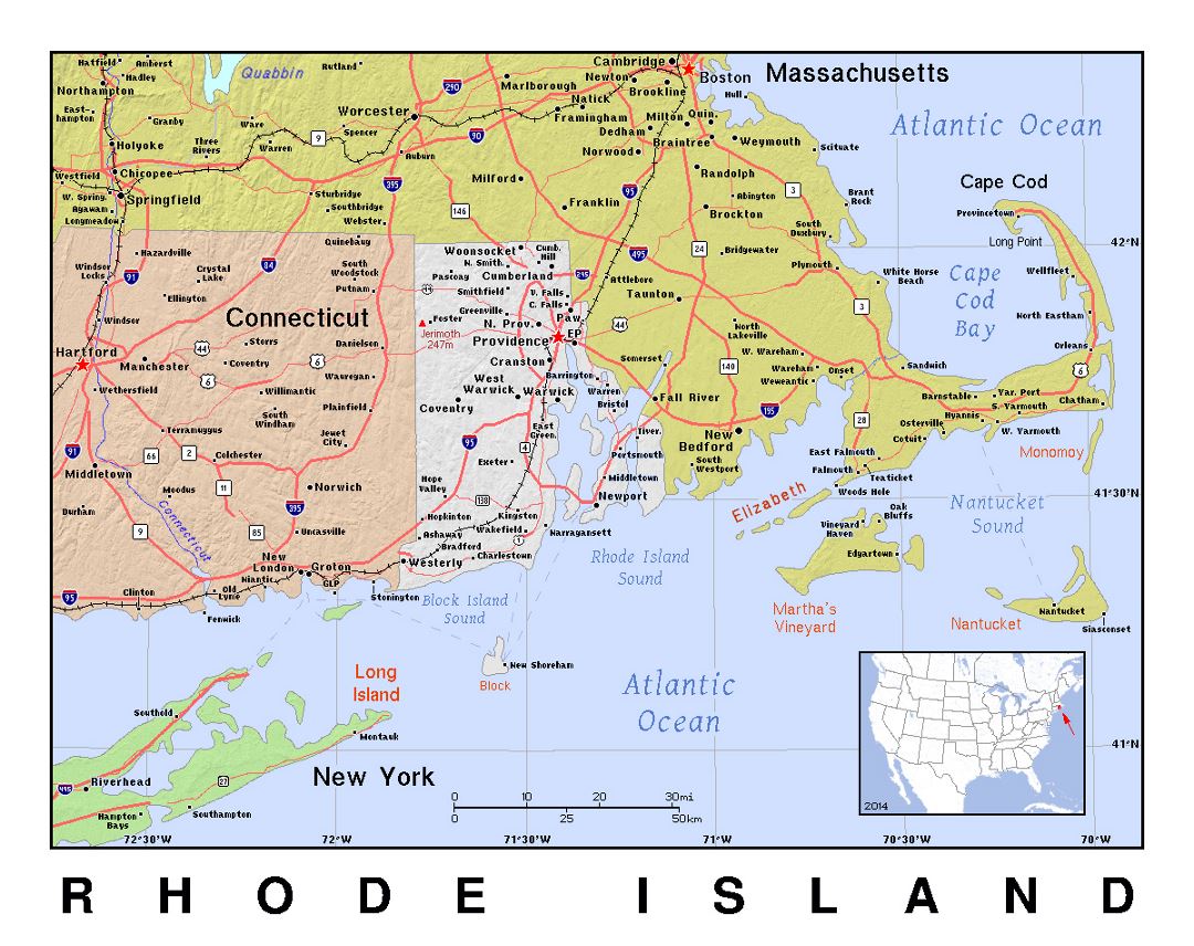 Detailed map of Rhode Island state with relief