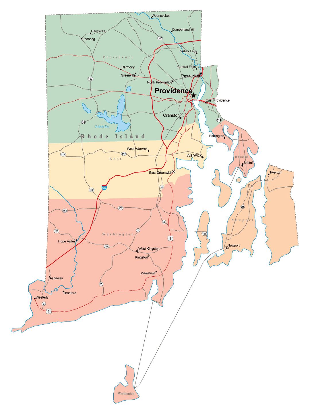 Large administrative map of Rhode Island state with roads, highways and cities