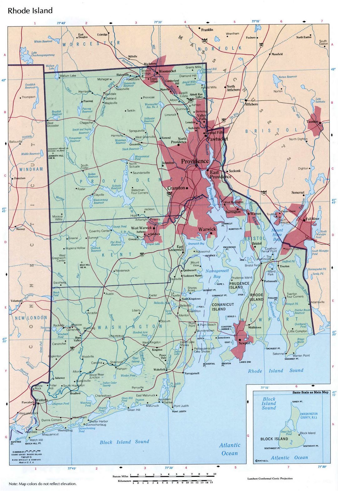Large detailed map of Rhode Island state with administrative divisions, roads and cities