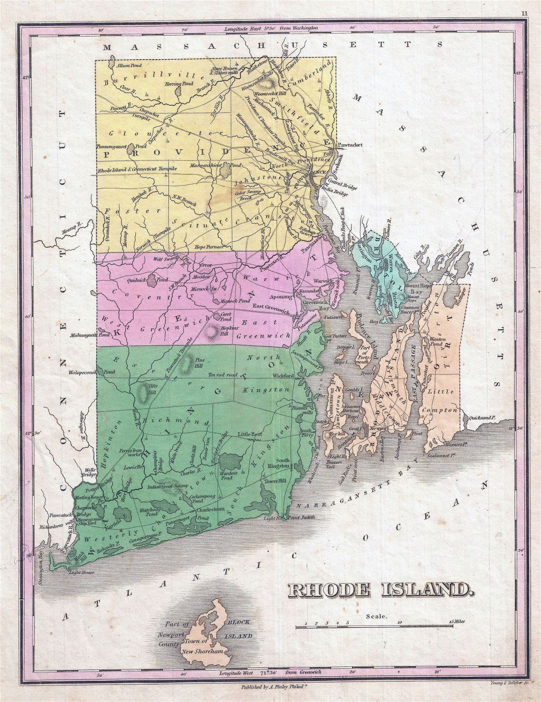 Large detailed old administrative map of Rhode Island state with other marks - 1827