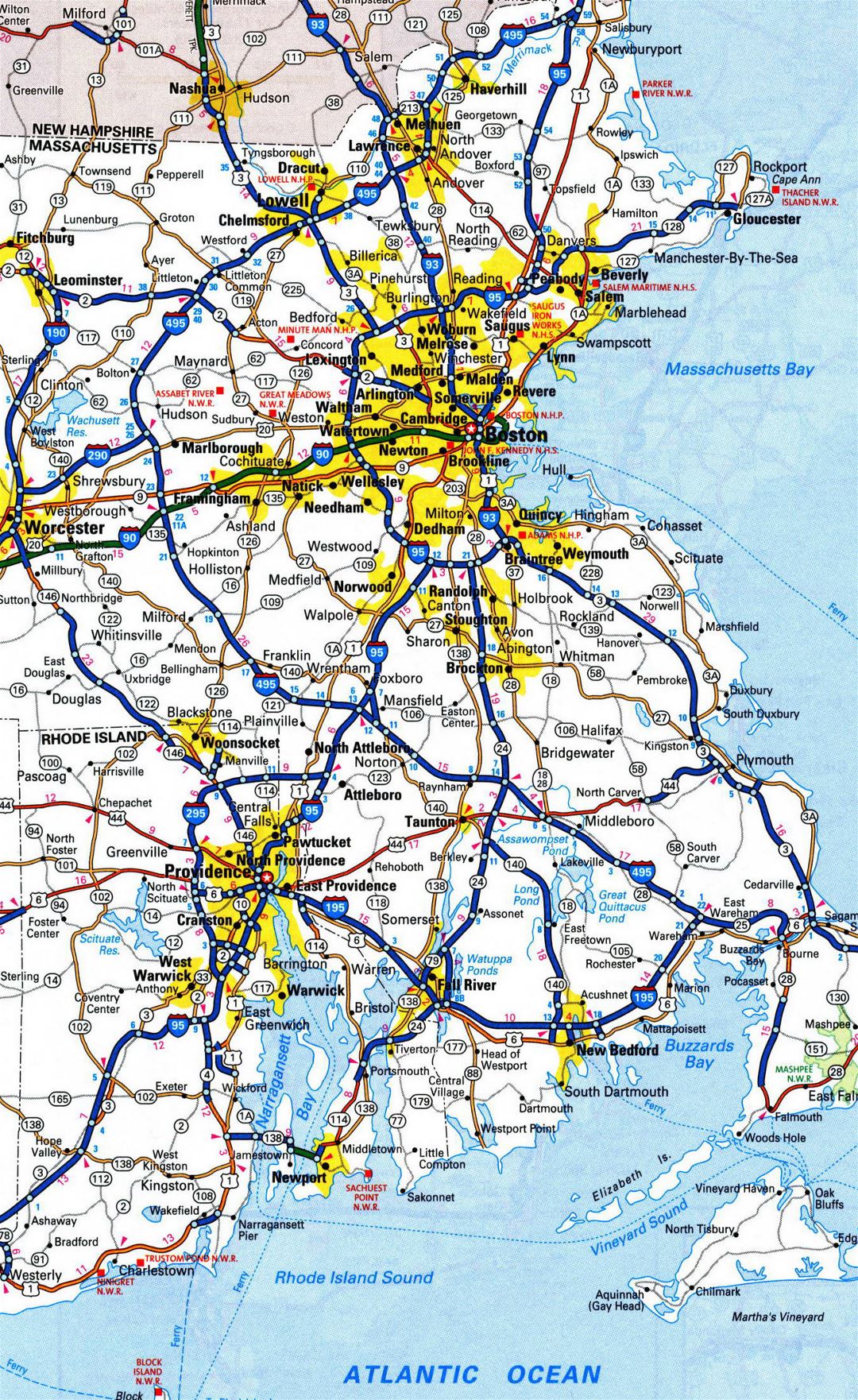 Large detailed roads and highways map of Rhode Island state with all cities and national parks