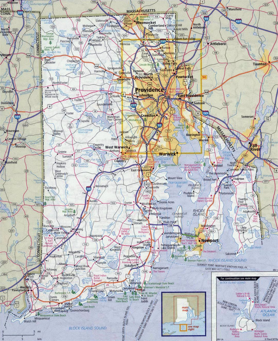 Large detailed roads and highways map of Rhode Island state with all cities