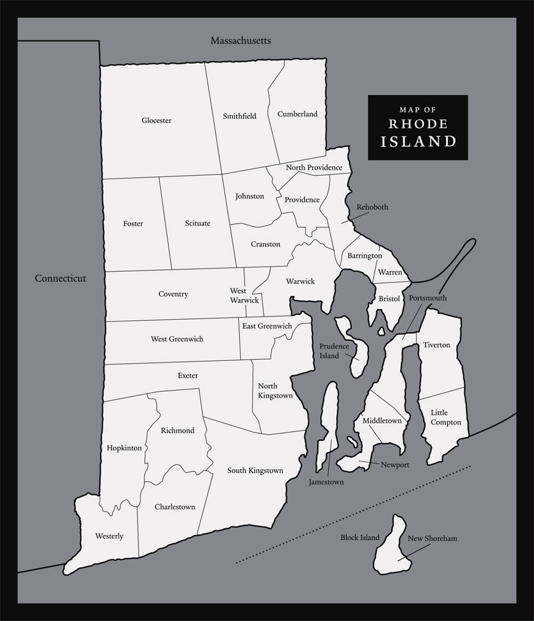 Large map of Rhode Island state with administrative divisions