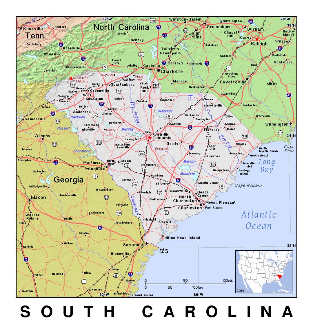 Detailed map of South Carolina state with relief