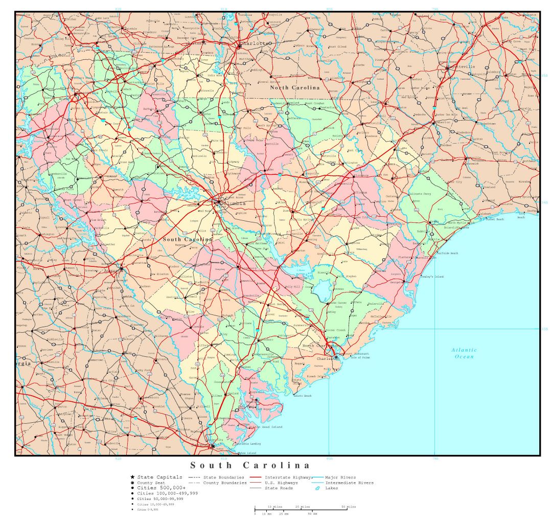 Large Detailed Administrative Map Of South Carolina State With Roads