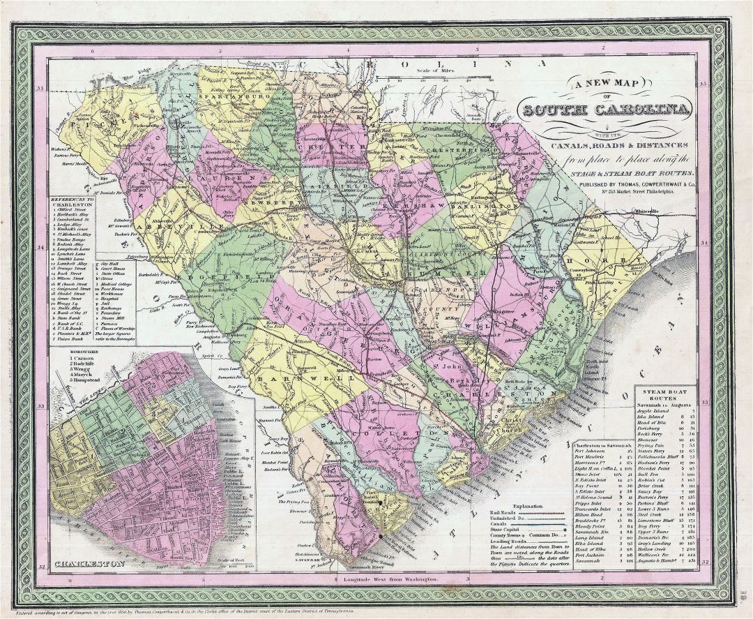 Large detailed old administrative map of South Carolina state with other marks - 1850