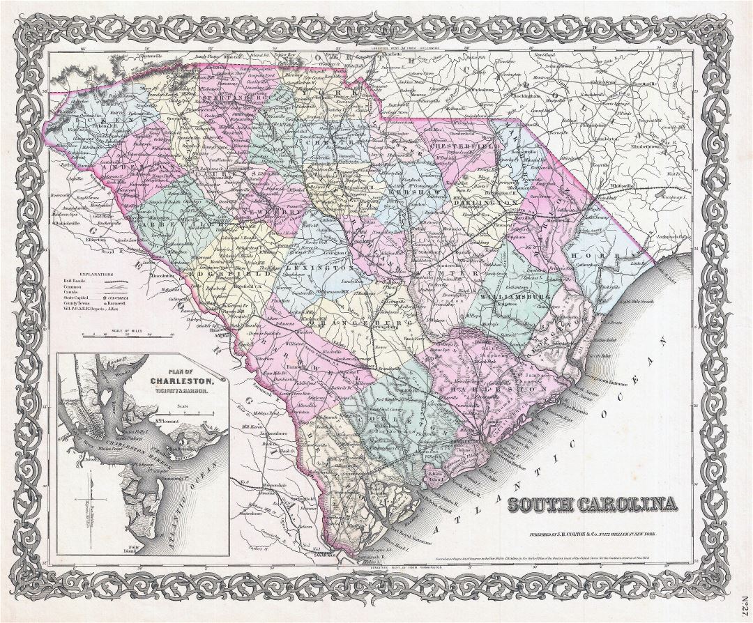 Large detailed old administrative map of South Carolina state with railroads, cities, towns and other marks - 1855