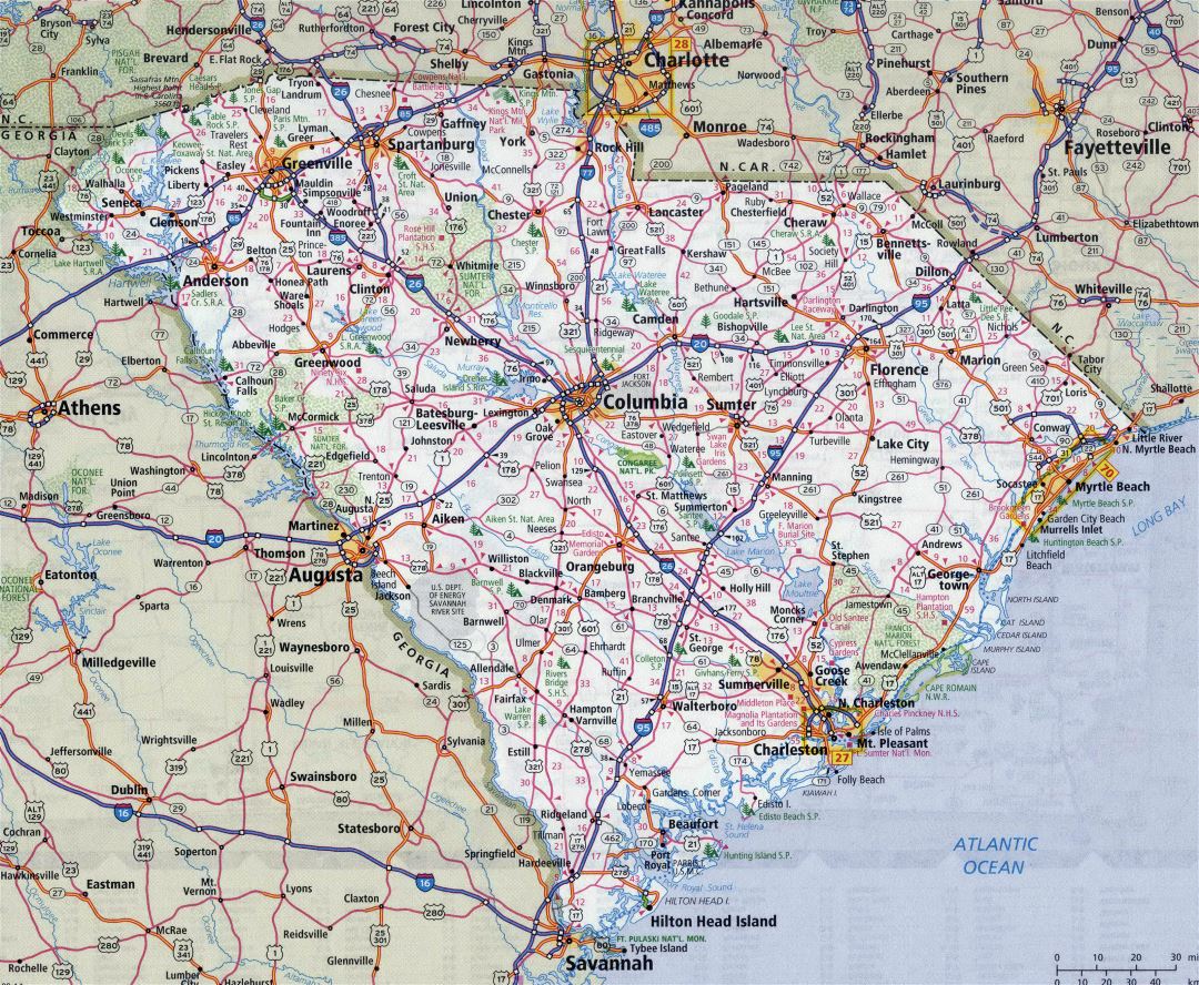 Large detailed roads and highways map of South Carolina state with all cities