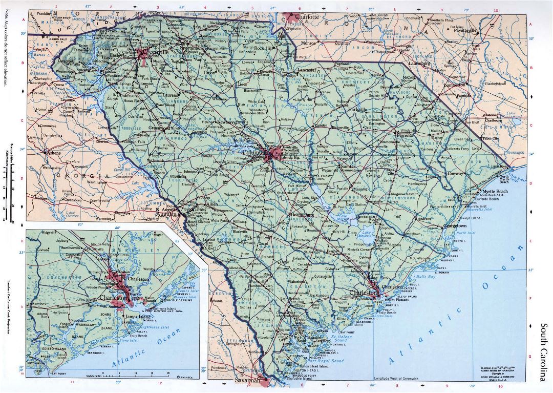 Large map of the state of South Carolina with cities, roads and highways