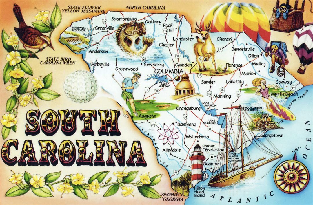 Large tourist illustrated map of South Carolina state