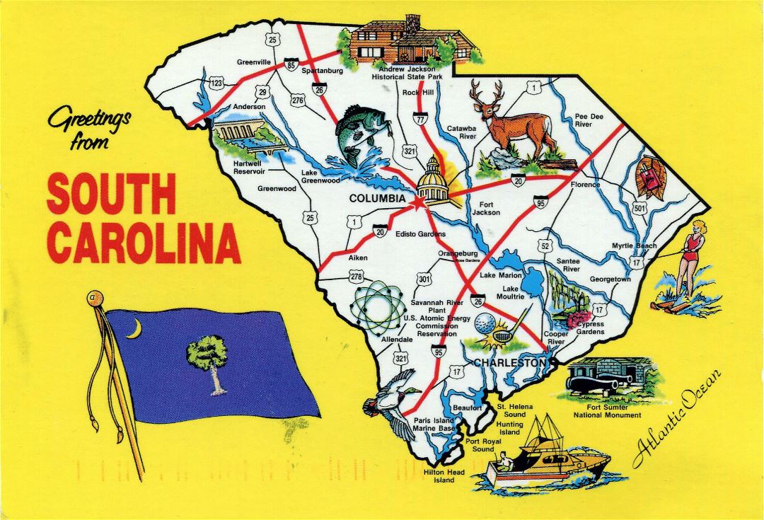 Large tourist illustrated map of the state of South Carolina