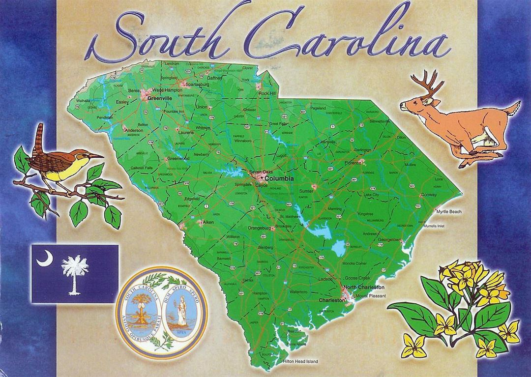 South Carolina state postcard with map