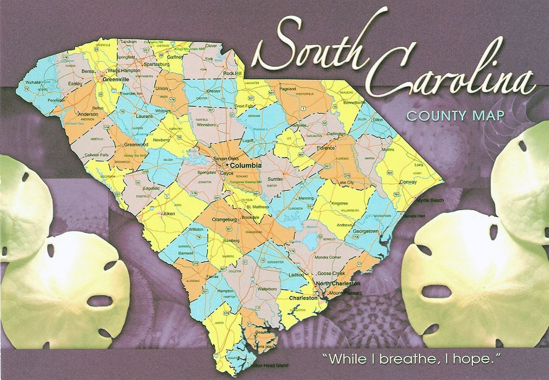 The state of South Carolina postcard with map