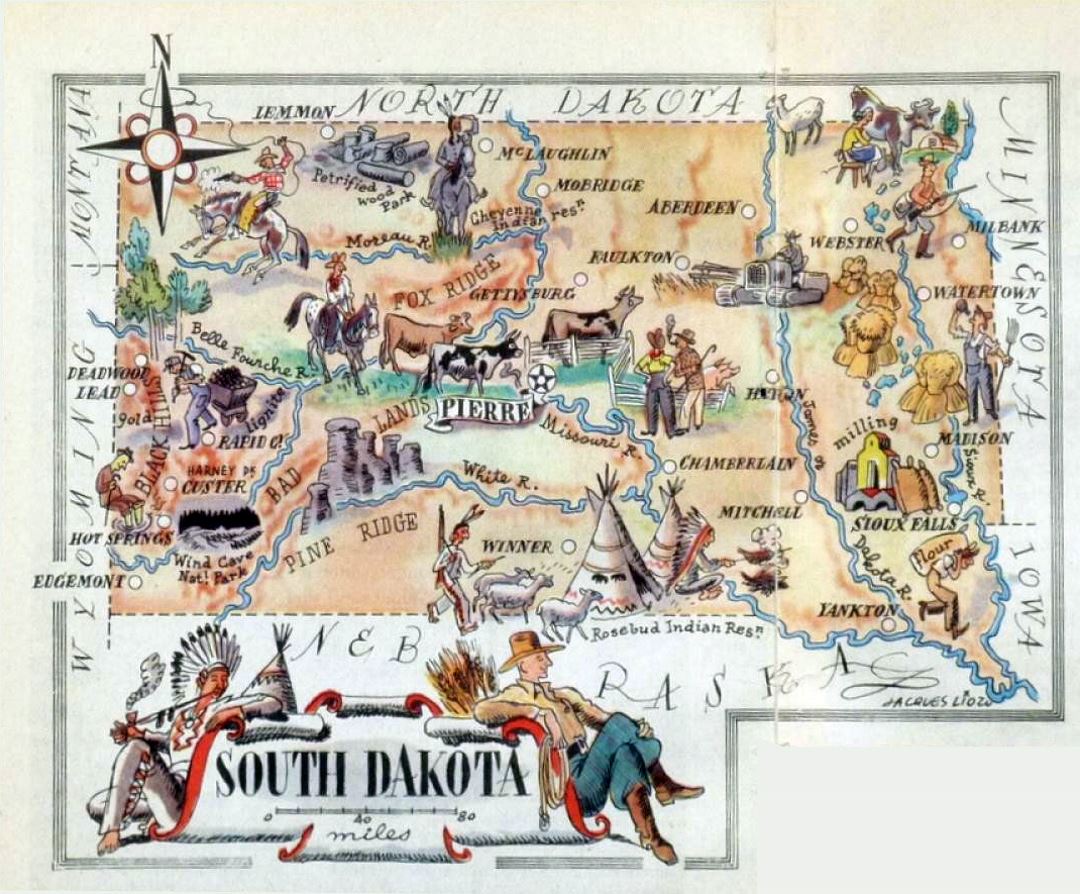 Detailed tourist illustrated map of South Dakota state