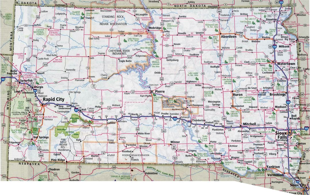 Large detailed roads and highways map of South Dakota state with all cities