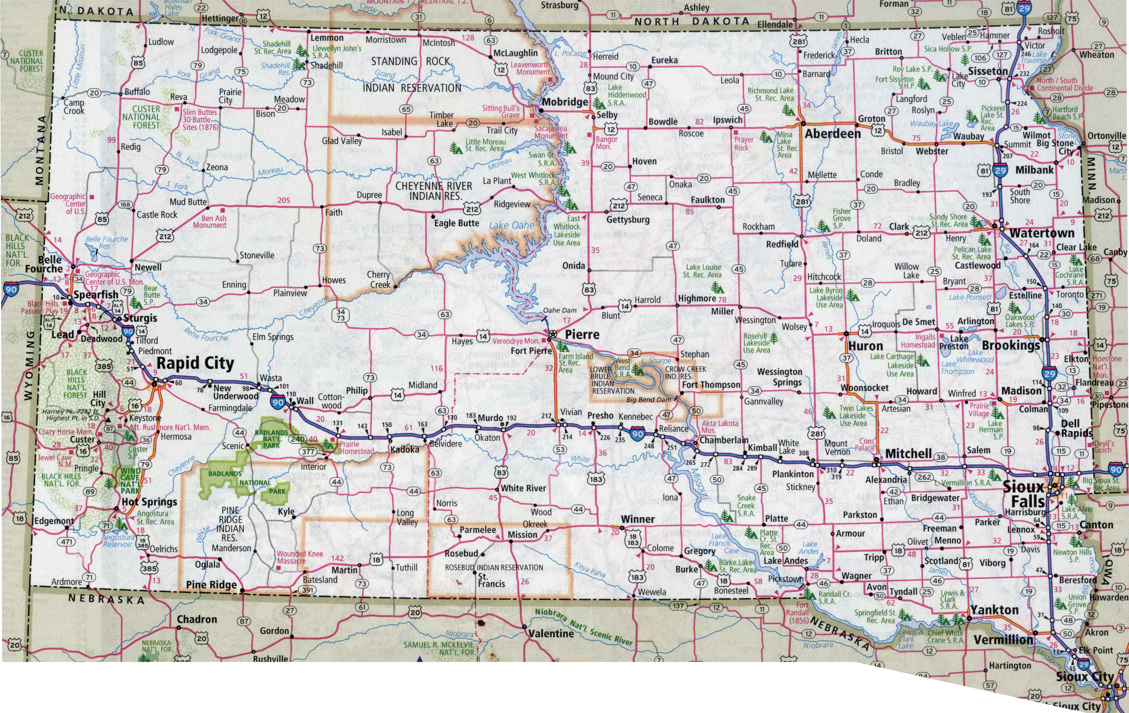 South Dakota State Highway Map - State Coastal Towns Map