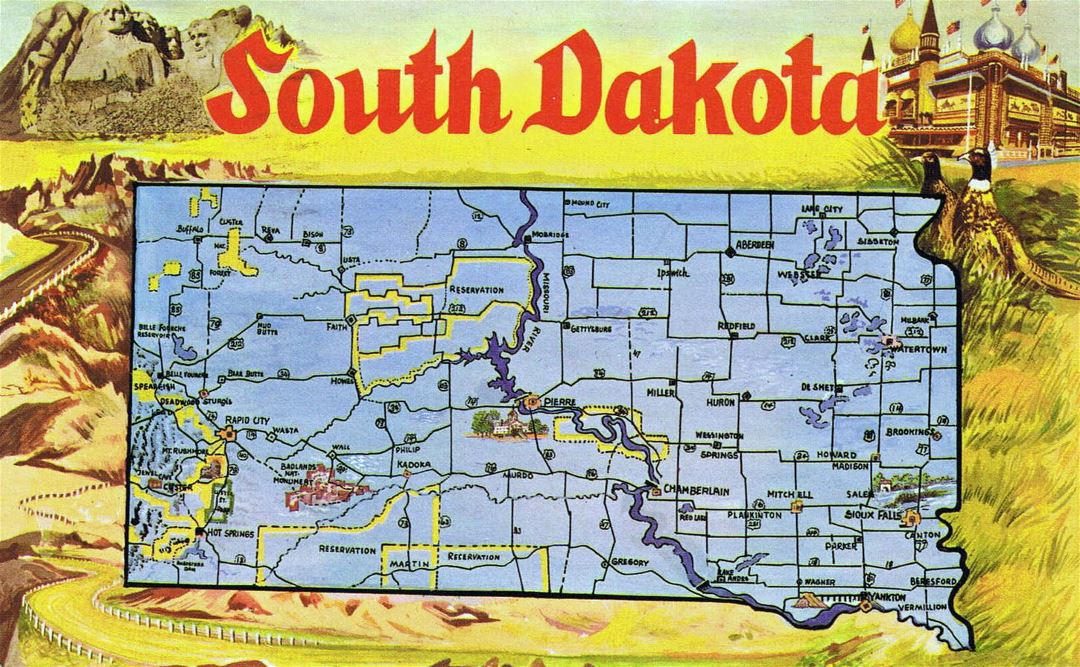Large tourist illustrated map of South Dakota state