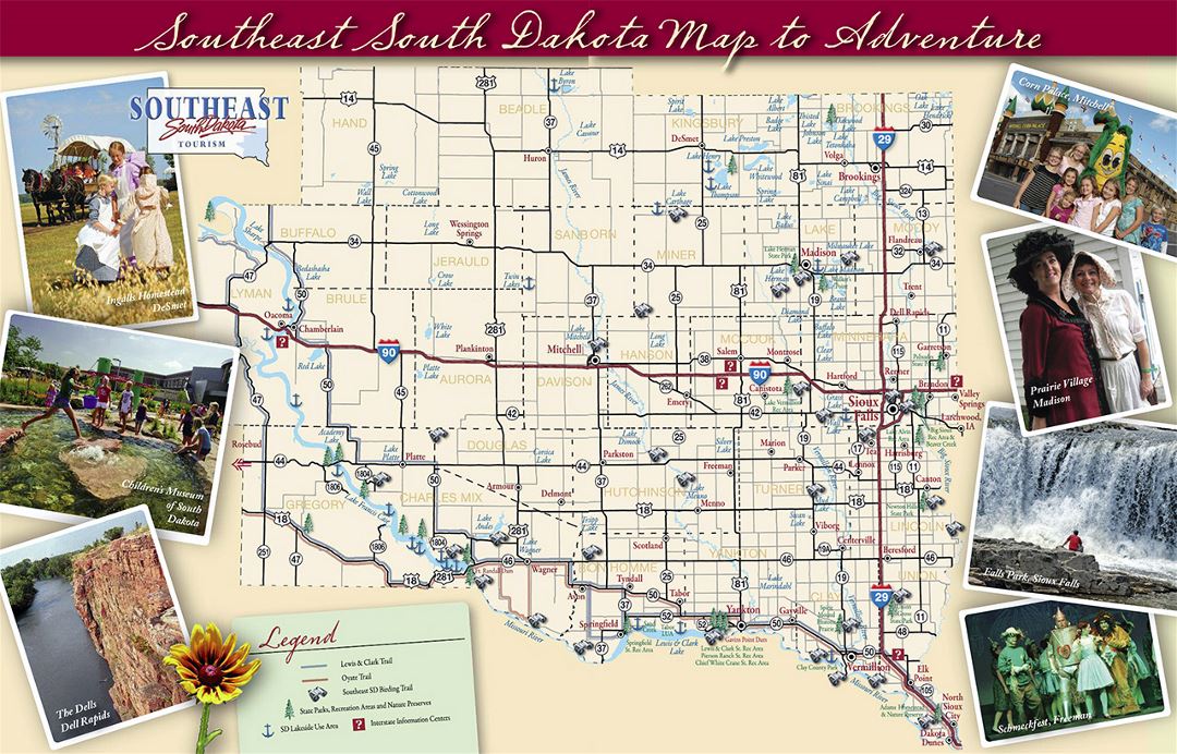 Large tourist map of South Dakota state