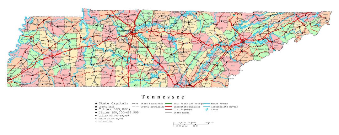 Large detailed administrative map of Tennessee state with roads, highways and cities