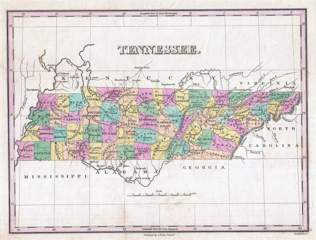 Large detailed old administrative map of Tennessee state with other marks - 1827