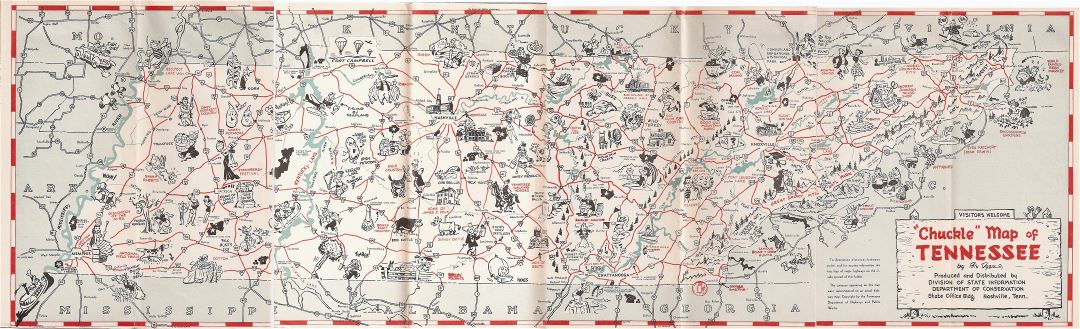 Large scale tourist illustrated map of the state of Tennessee