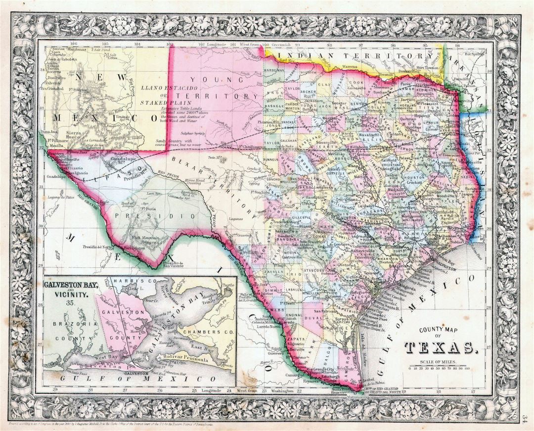Large detailed old administrative map of Texas state with relief and other marks - 1864