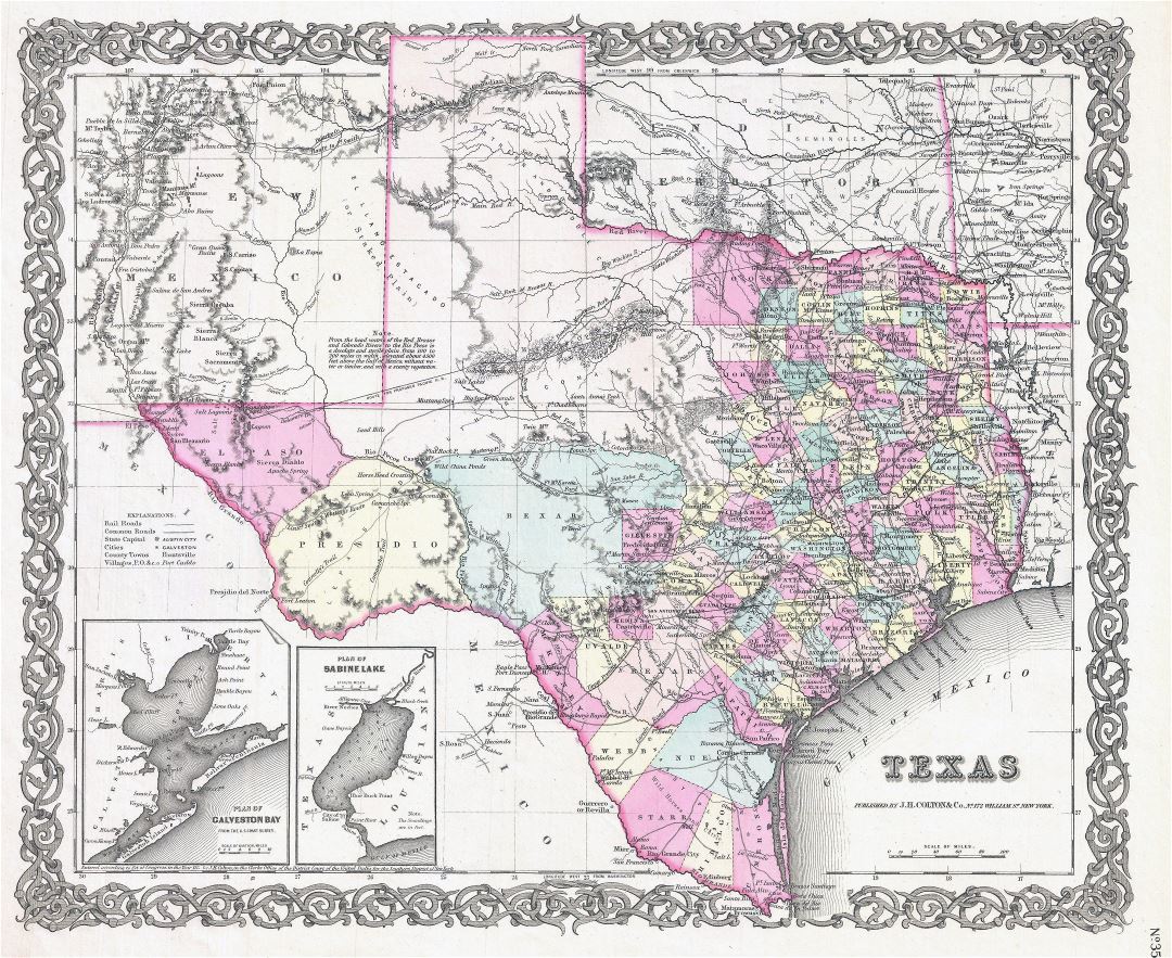 Large detailed old administrative map of Texas state with relief, roads, cities and other marks - 1855