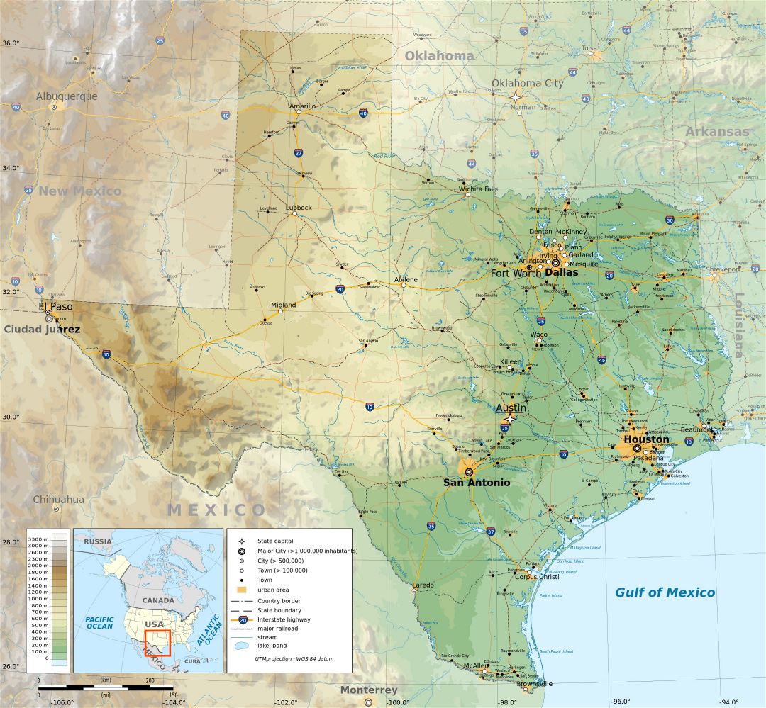Large detailed physical map of the state of Texas with roads, highways, cities and other marks